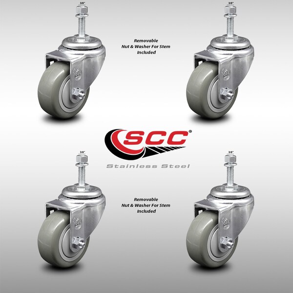 3.5 Inch SS Gray Polyurethane Wheel Swivel 3/8 Inch Threaded Stem Caster Set SCC